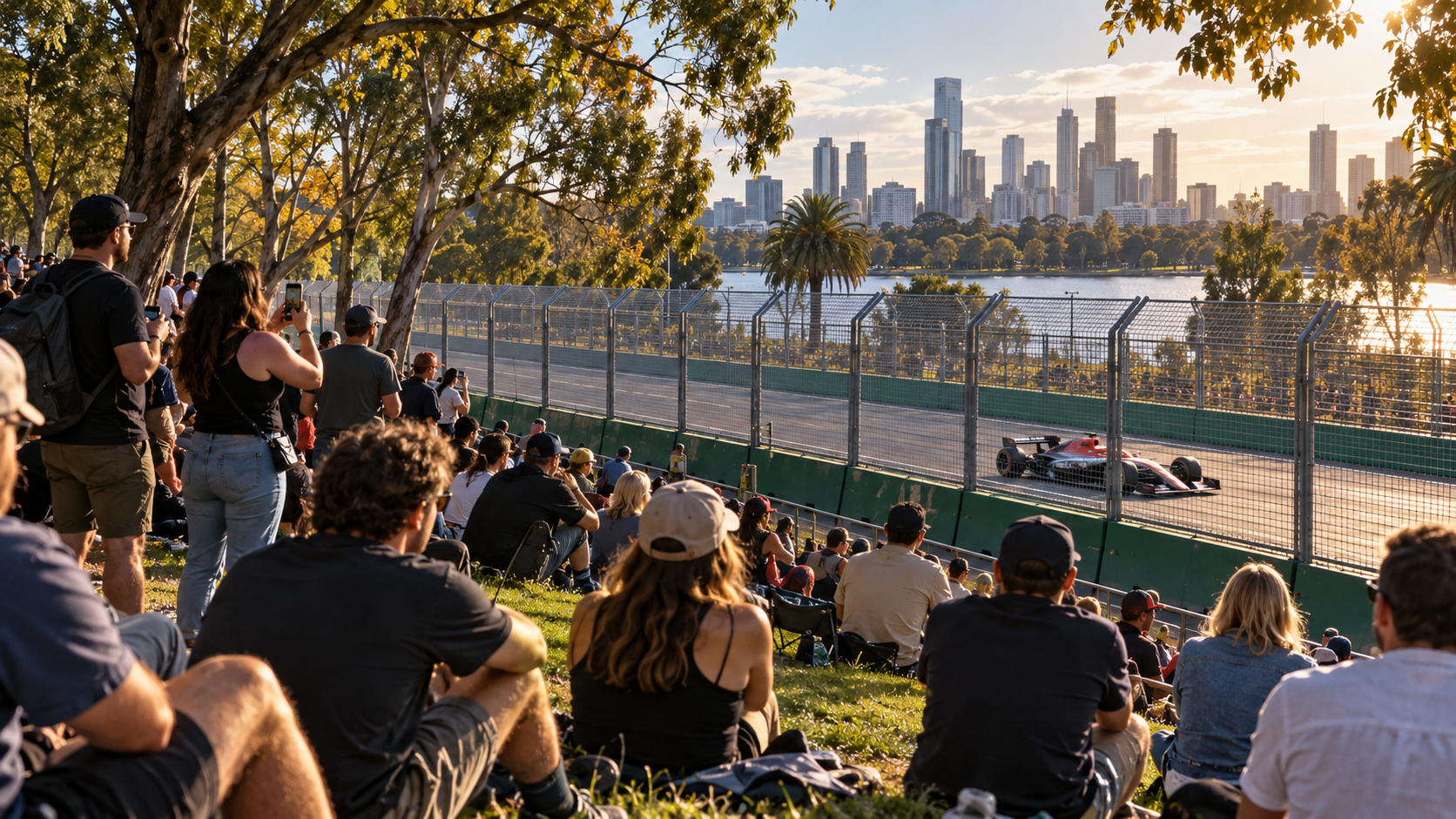 Des spectateurs suivent la course depuis la pelouse d’Albert Park tandis qu’une voiture passe sur le circuit