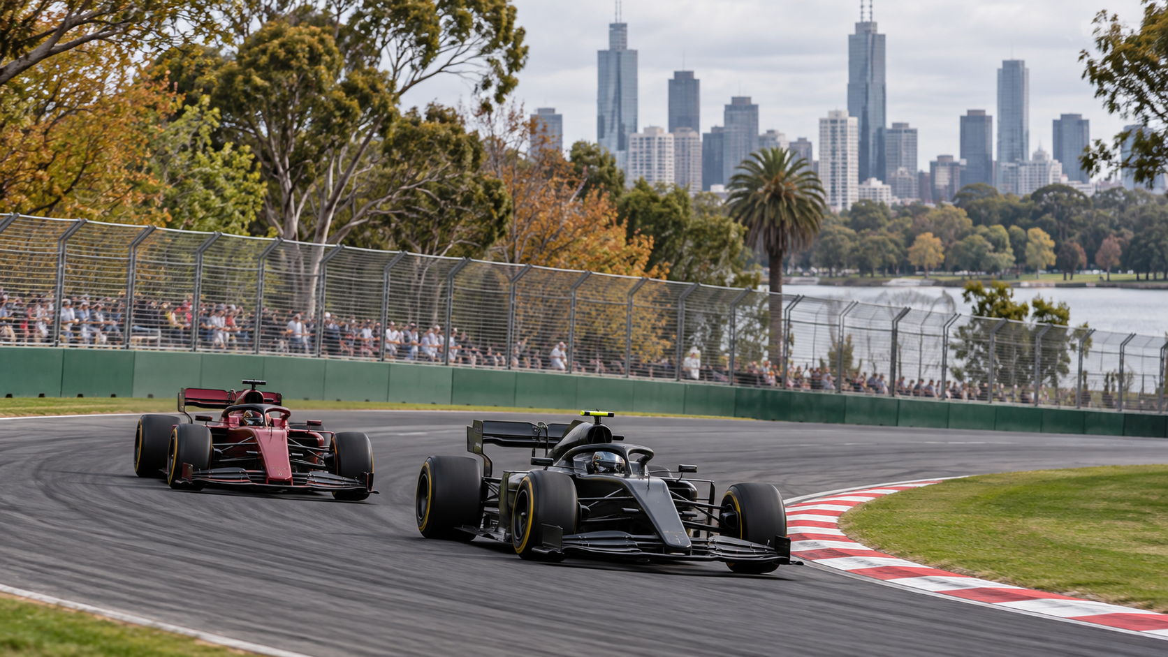Deux monoplaces prennent un virage à Albert Park, avec les gratte-ciel de Melbourne au-delà des arbres