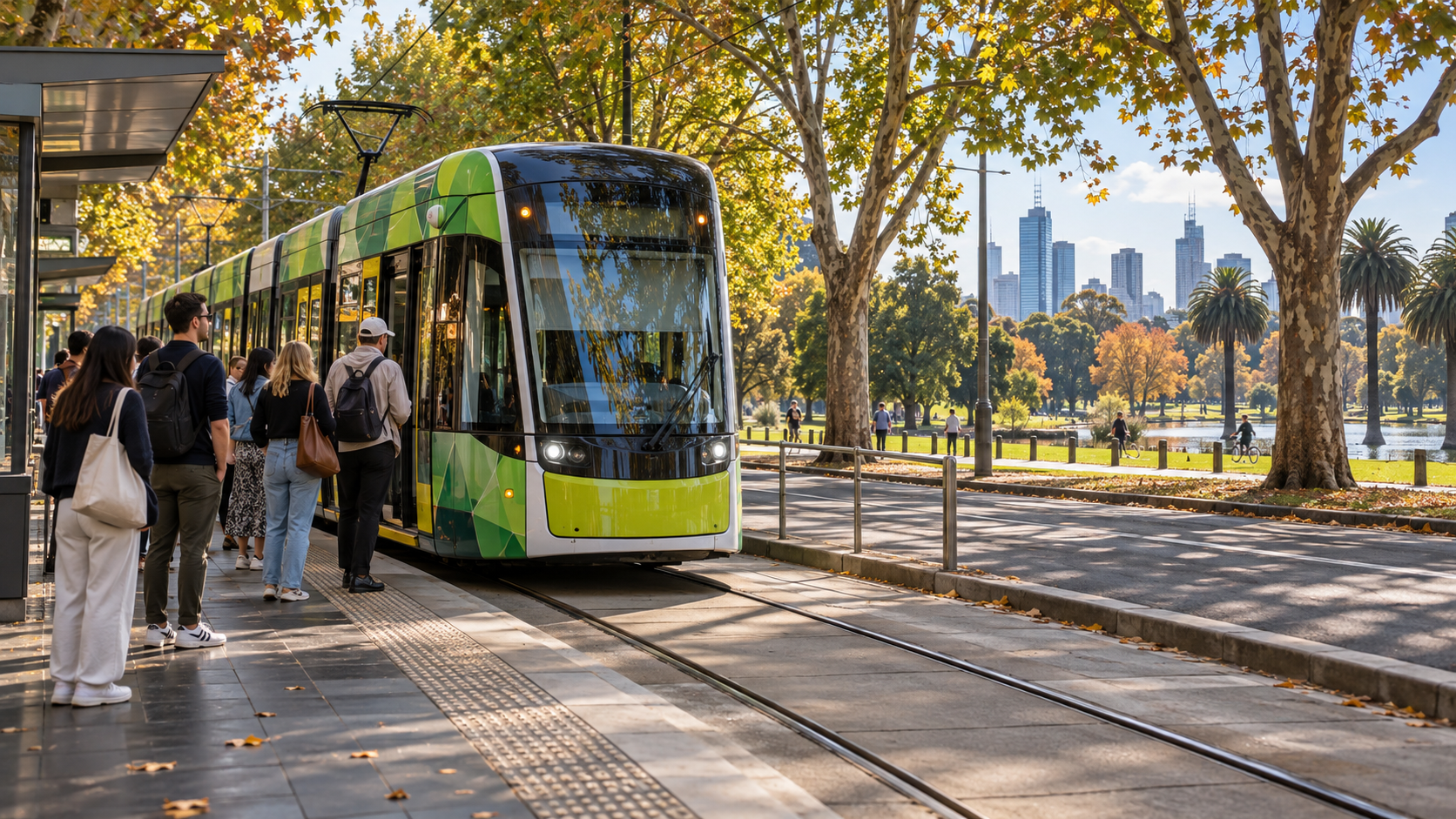Un tramway vert de Melbourne arrive à un arrêt bordé d’arbres près d’Albert Park