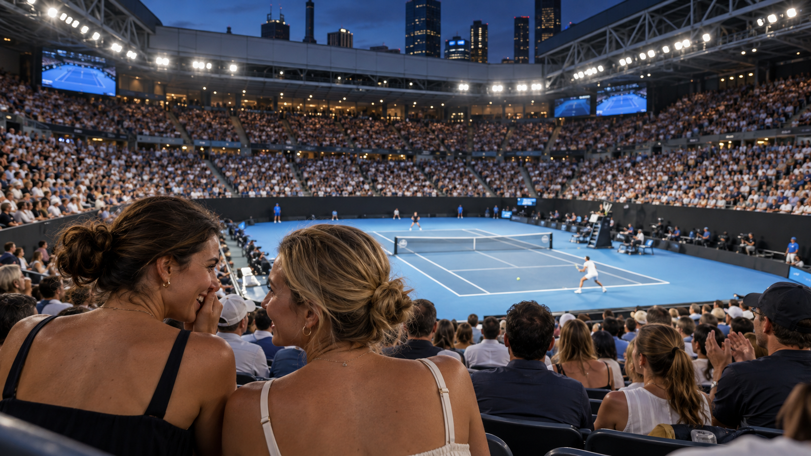 Fans verfolgen ein Abendmatch unter Flutlicht in Melbourne Park