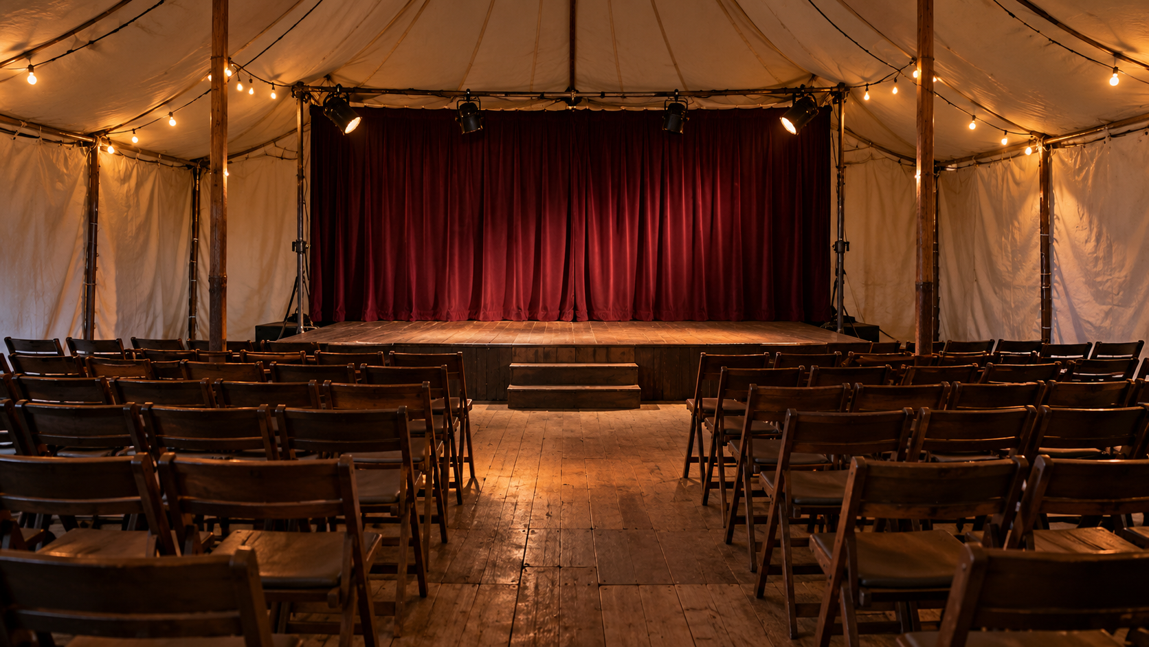 An empty tented performance space with rows of wooden seats