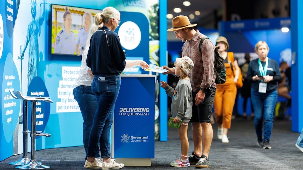 Judges inspecting stud beef cattle in the main arena at the Brisbane Showgrounds
