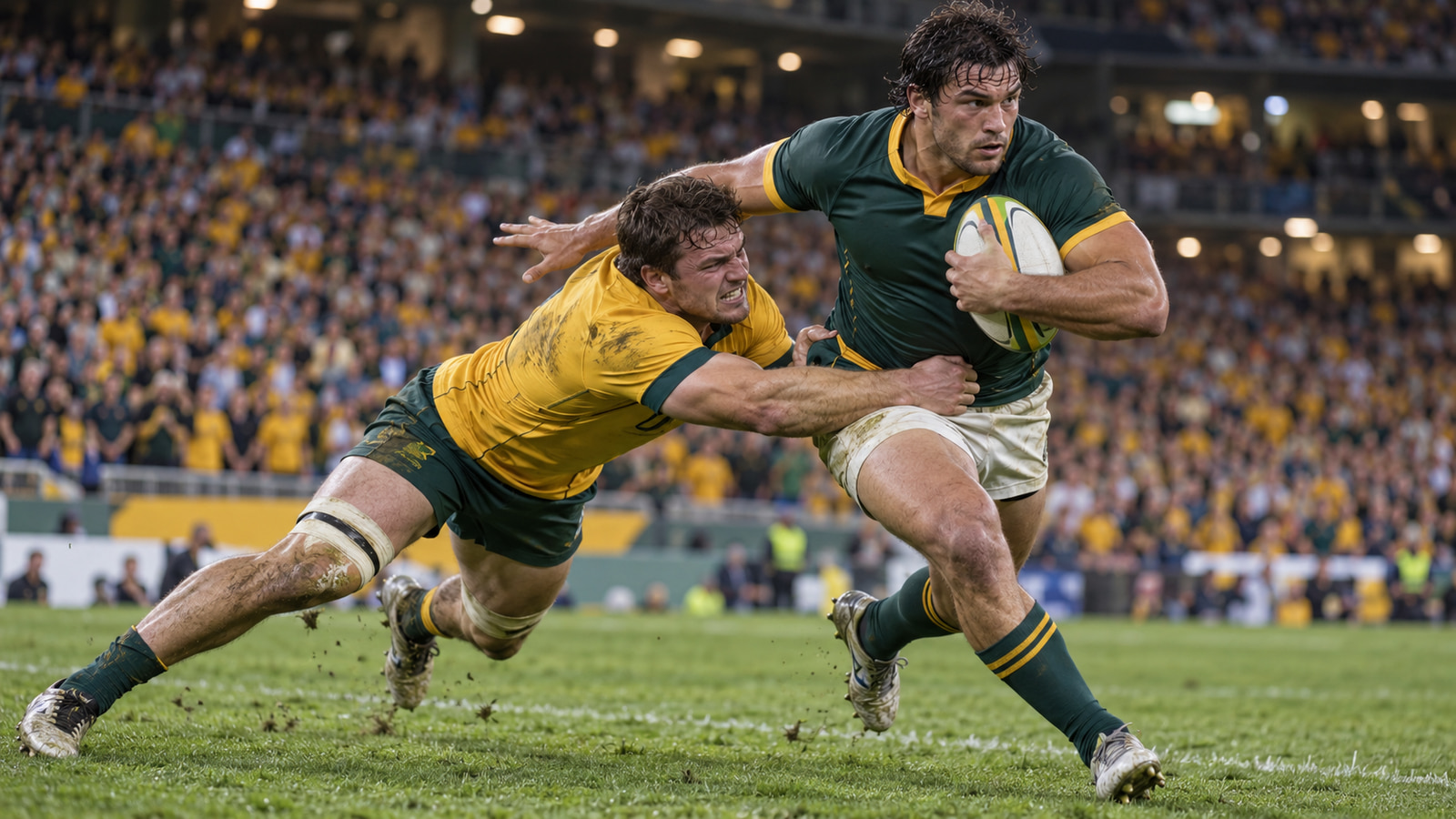 Two rugby players contest possession during a match