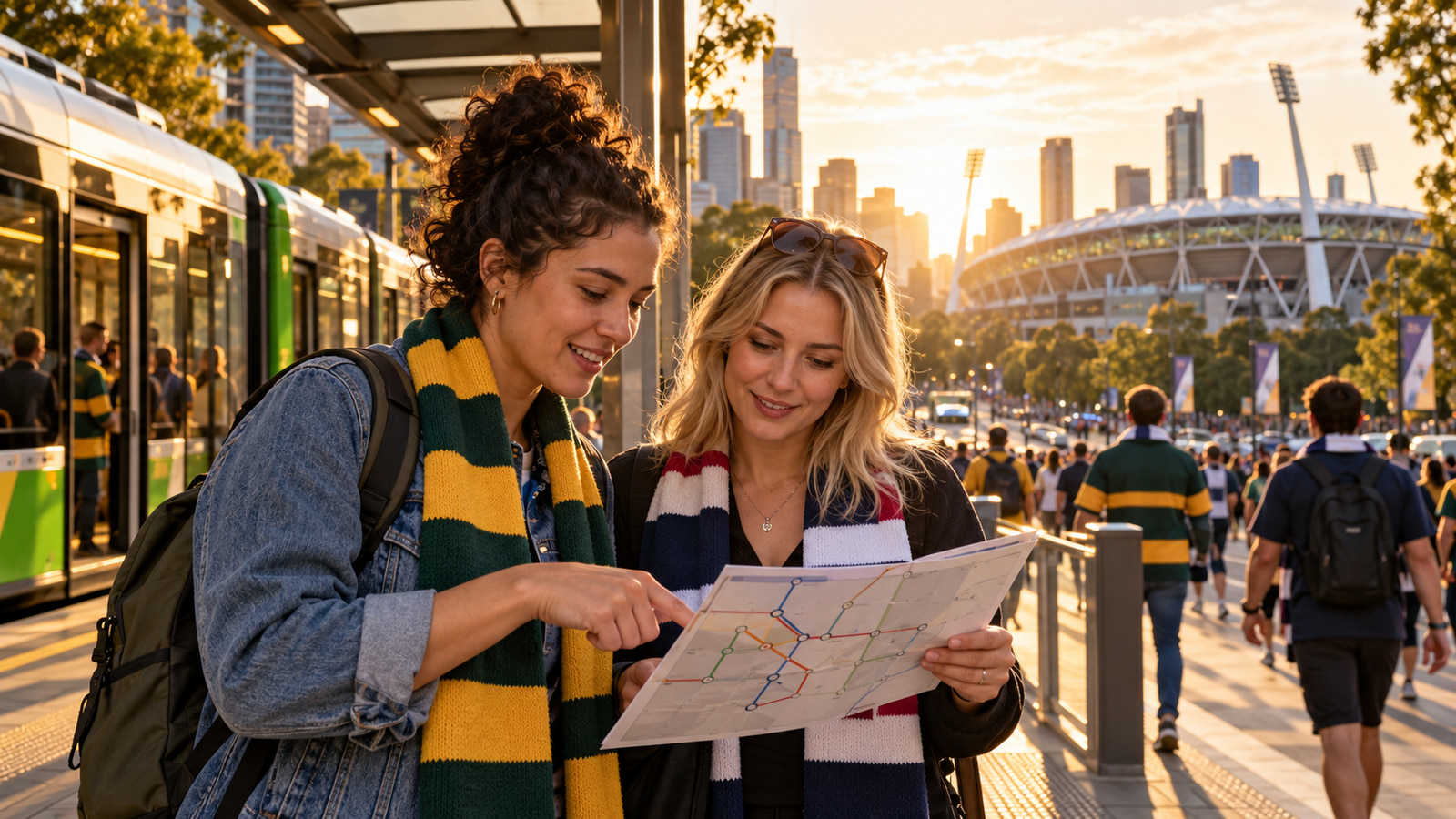 Two fans check a transit map on their way to a match