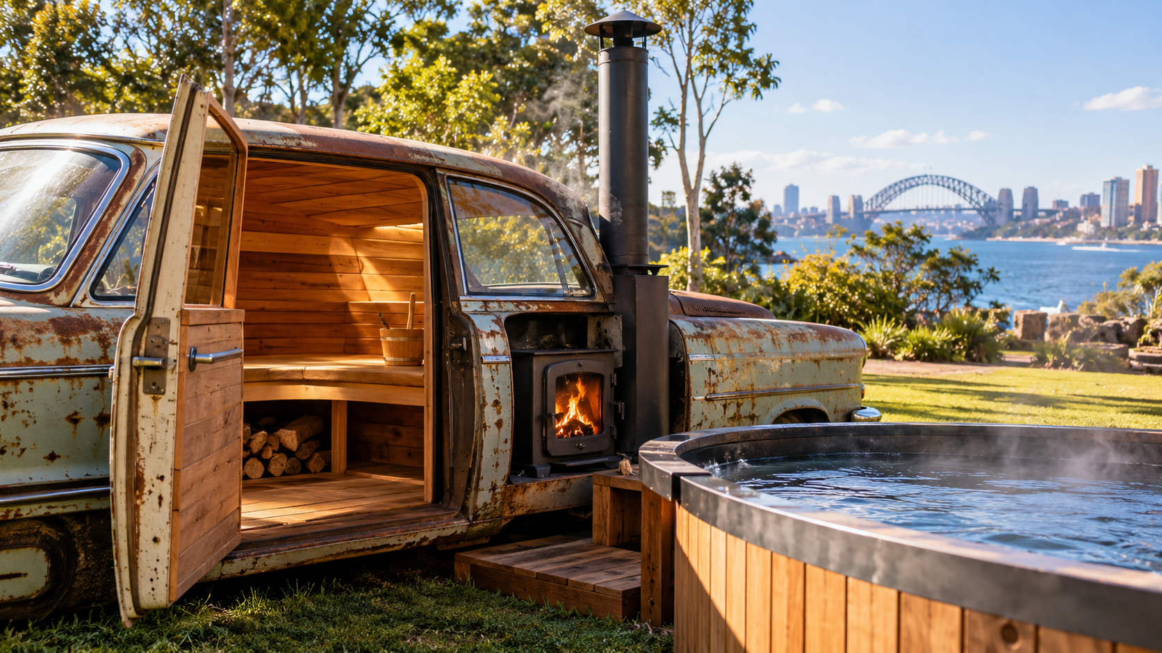 Ein ausgemusterter Wagen als holzbefeuerte Sauna mit Badebecken im Barangaroo Reserve