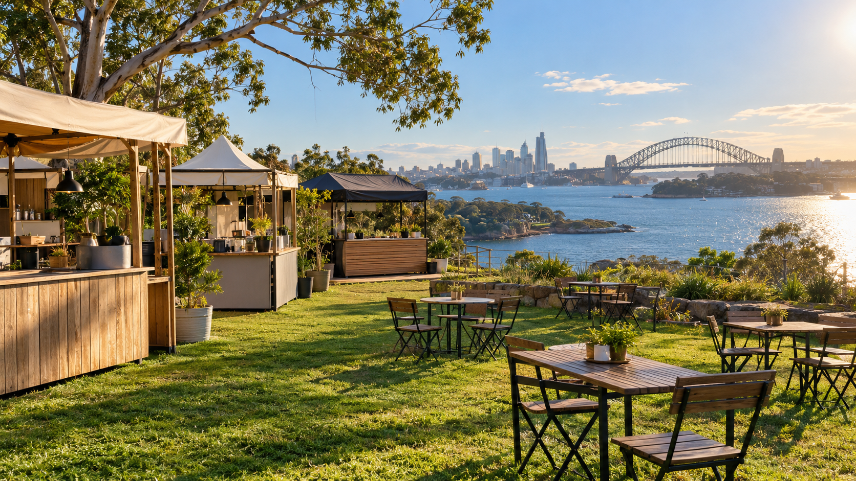 Essensstände und Tische von The Yard mit Blick auf den Hafen von Sydney