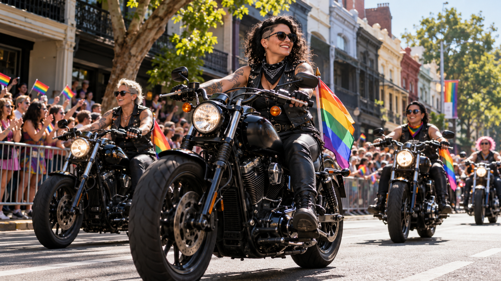 Motorradfahrende auf der Oxford Street beim Sydney Mardi Gras