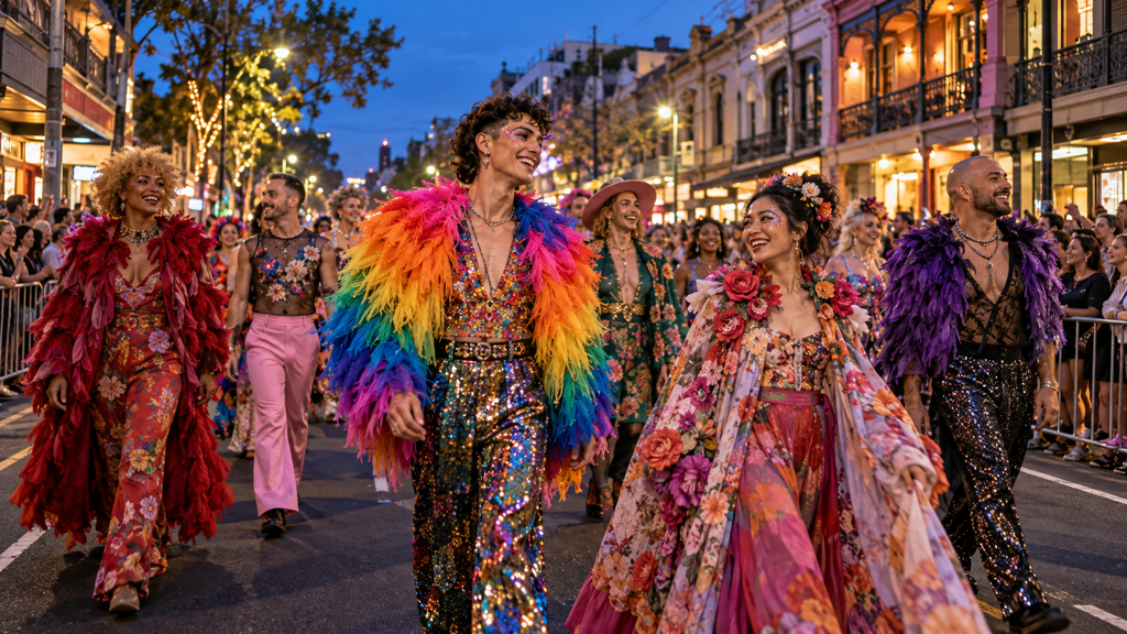 Kostümierte Teilnehmende bei einer abendlichen Parade in Sydney