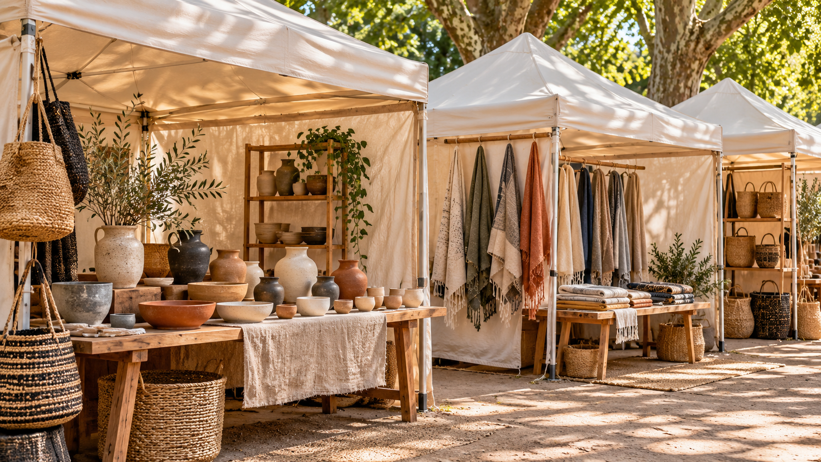 Unbesetzte WoMarkets-Stände mit Keramik, Körben und Textilien unter Bäumen
