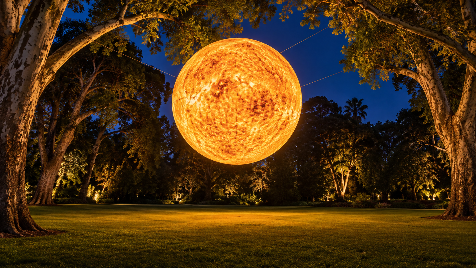 Eine sieben Meter durchmessende leuchtende Nachbildung der Sonne über dem Botanic Park/Tainmuntilla bei Nacht